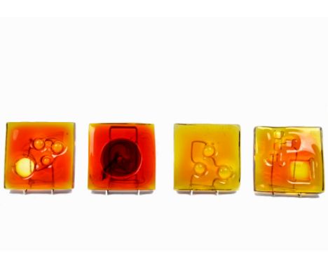 Geoffrey Baxter for Whitefriars, a quartet of square Architectural glass slabs, each 17.5 cm, comprising one 'Spot' in Ruby/F