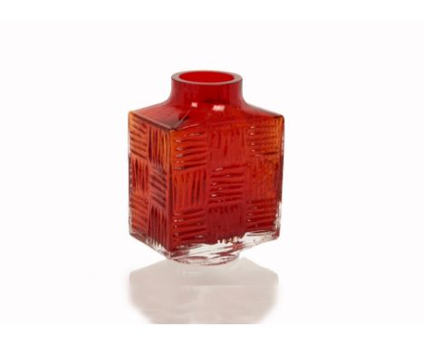 Geoffrey Baxter for Whitefriars, a Textured glass range 'Stitched Cube' vase pattern 9811 in Ruby, 15 cm 