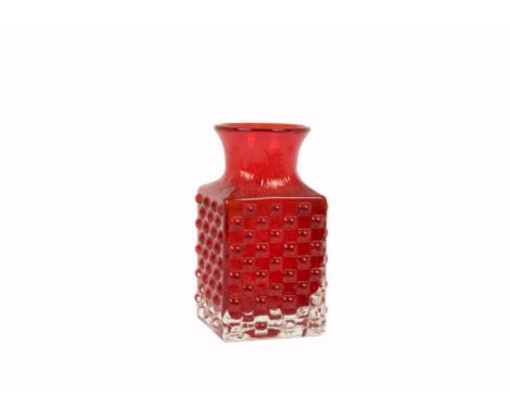 Geoffrey Baxter for Whitefriars, a Textured glass range 'Chess Cube' vase pattern 9817 in Ruby 14.5 cm 