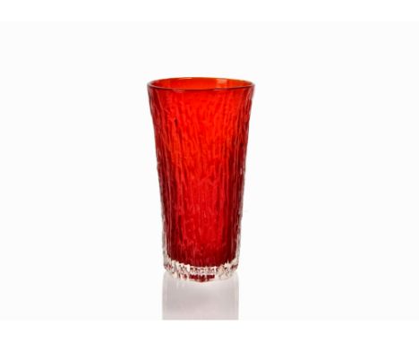 Geoffrey Baxter for Whitefriars, a later Textured glass range large tapered 'Cooling Tower' vase pattern 9830 in Ruby 21 cm