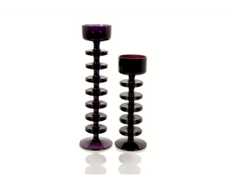 Ronald Stennett Wilson for Kings Lynn (Wedgwood) Glass, two RSW13 'Sheringham' candleholders, one 5 disc 20.5 cm and one 7 di