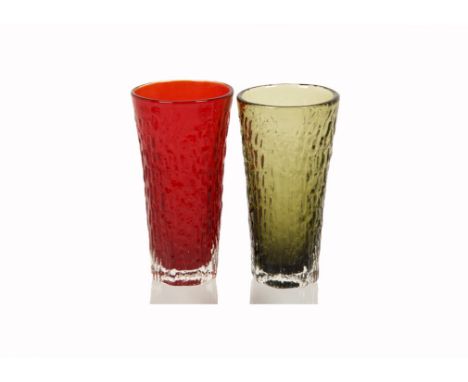 Geoffrey Baxter for Whitefriars, two later Textured glass range small tapered 'Cooling Tower' vases pattern 9831, one in Sage