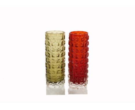 Geoffrey Baxter for Whitefriars, two Textured glass range 'Aztec' cylinder vases pattern 9816, 18 cm, in Ruby and Sage (2) 