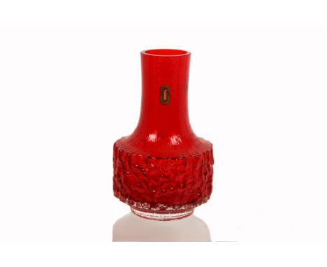 Geoffrey Baxter for Whitefriars, a Textured glass range 'Mallet' vase pattern 9818 in Ruby, 18.5 cm 