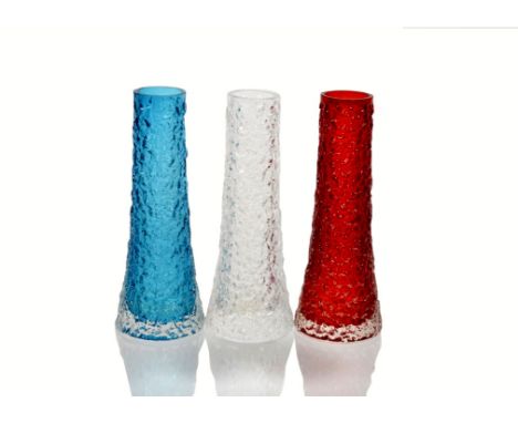 Geoffrey Baxter for Whitefriars, a trio of Textured glass range 'Tapered Chimney' vases pattern 9819, 16.5 cm, in Flint, King