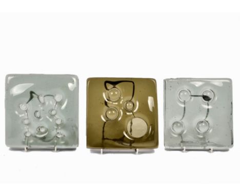 Geoffrey Baxter for Whitefriars, a trio of uncatalogued square Architectural glass slabs, each 17.5 cm and of varying abstrac