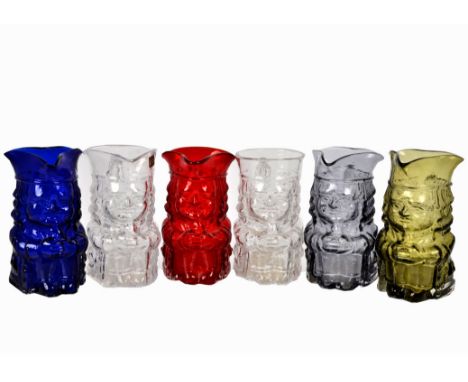 Geoffrey Baxter for Whitefriars,five pattern m163 Barnaby one pint Toby Jugs in sage, flint, lilac, antique blue &amp; ruby, 