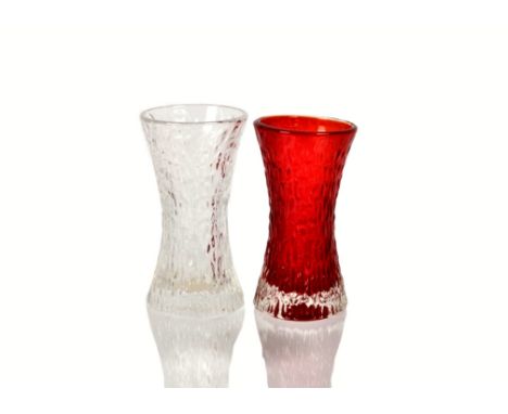 Geoffrey Baxter for Whitefriars, two later Textured glass range 'Hourglass' cylinder vases pattern 9836, 15 cm, in Flint and 
