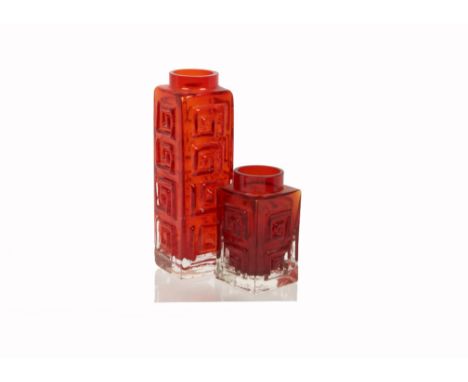 Geoffrey Baxter for Whitefriars, two textured glass range 'Greek Key' vases patterns 9810 20 cm and 9815 11 cm both in Ruby (