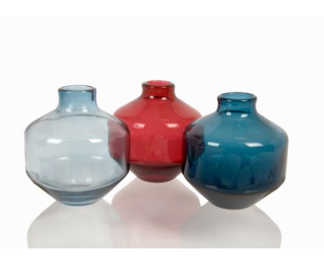 Ronald Stennett Wilson for Kings Lynn (Wedgwood) Glass, a trio of RSW10 'Angular' vases of shouldered cylindrical doorstop fo