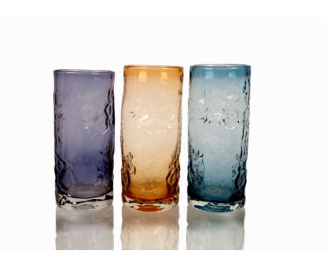 Ronald Stennett Wilson for Kings Lynn (Wedgwood) Glass, a trio of Textured range 'Snowflake' vases with diamond shaped mouldi