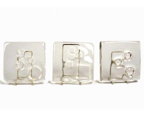 Geoffrey Baxter for Whitefriars, a trio of square Architectural glass slabs, all 17.5 cm, to consist of one of each numbers 3