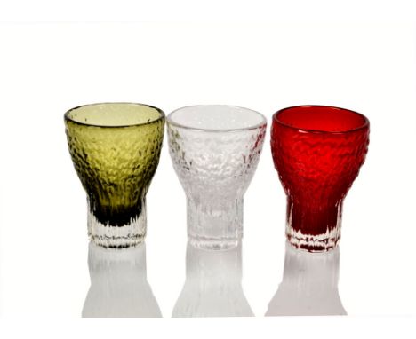 Geoffrey Baxter for Whitefriars, a trio of Textured glass range 'Chalice' vases pattern 9835, 13 cm, in  Ruby, Sage and Flint