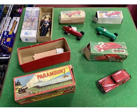 Two Penguin Plastic Racers, a French Auto-Miracle Tinlate Car, a Saxon Toy Diver, all playworn/boxed. Plus a Paramount empty 