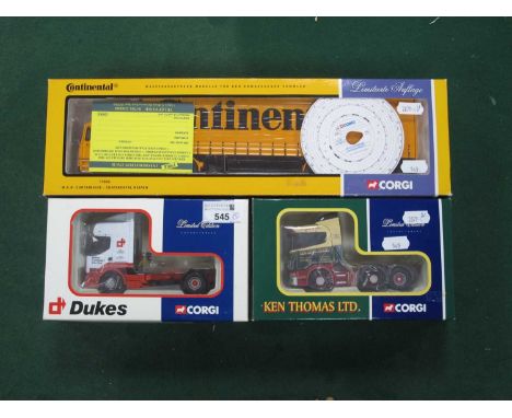 Three Corgi 1:50th scale diecast model commercial vehicles comprising of #75802 M.A.N. Curtainside - Continental Reifen, #CC1