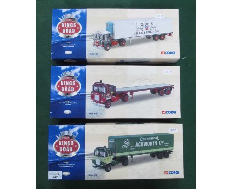 Three Corgi 'Kings of the Road' 1:50th scale diecast model commercial vehicles. #CC12602 Scammell Crusader Tilt Trailer C.R.T