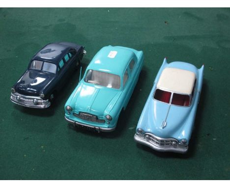 Three Mid XX Century Large Scale Plastic Cars, by Mettoy and others, sometimes repainted.