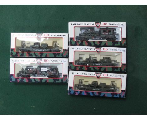Five Model Power (Roco for U.S.A Market) "HO" Gauge US Army Railroad Flat Cars, with "Mini-Trix Loads", as new boxed conditio