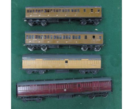 Four 'O' Gauge/7mm Kit Built Bogie Coaches, comprising a BR maroon parcels, R/No. E15132 - A L.N.E.R teak passenger brake 1st