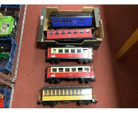 Five 'G' Gauge Bogie Coaches, unboxed, comprising two L.G.B RhB 2nd "Chur-Pontresina" and Newqida (China) TB Rail, R/No. 757-