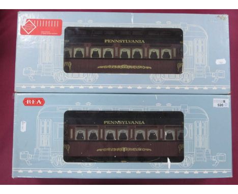 Two Railway Express Agency "G" Gauge Pennsylvania Old Timer Coaches, Ref No. REA-31001 Passenger Cars, good, good boxes.