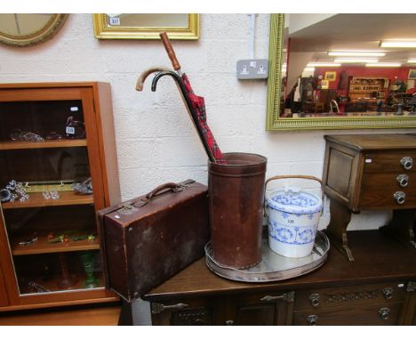 Leather suitcase, leather stick stand, wash bucket and plated tray