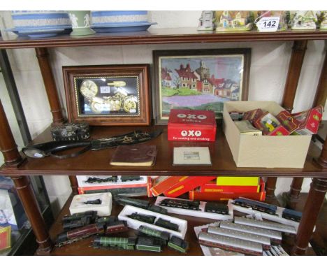 Shelf of collectables to include diecast cars & Harley Davidson clock etc