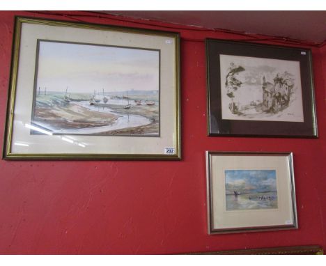 2 watercolours, Coastal scenes & print