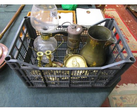 Box of brass & copper to include Davey lamp