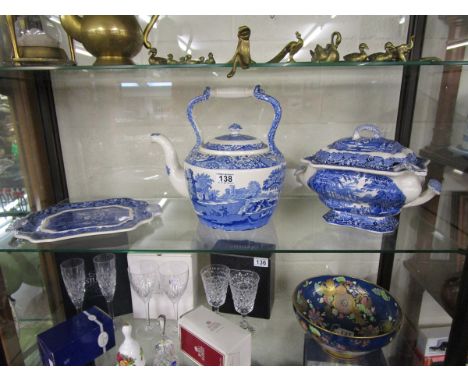 Large blue & white Spode teapot & Masons soup tureen & plate