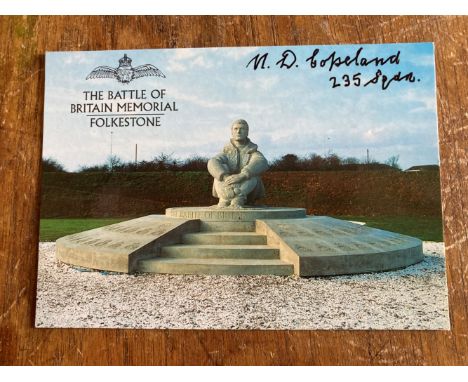 M D Copeland 235 sqn signed 6 x 4 inch BOB Memorial colour postcard. WW2 RAF Battle of Britain fighter pilot. Good condition.