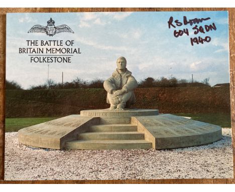 R S Brown 604 sqn signed 6 x 4 inch BOB Memorial colour postcard. WW2 RAF Battle of Britain fighter pilot. Good condition. Al