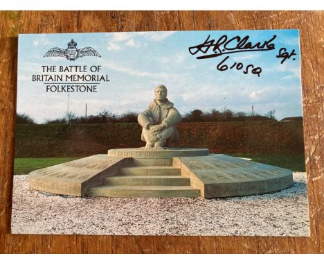 Henry R Clarke 610 sqn signed 6 x 4 inch BOB Memorial colour postcard. WW2 RAF Battle of Britain fighter pilot. Good conditio