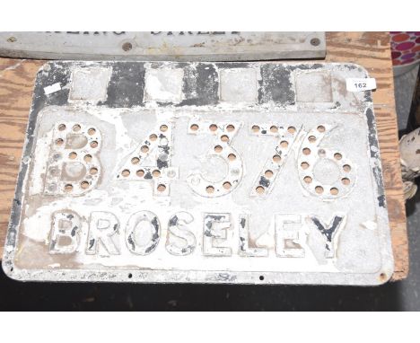 A vintage metal road sign, mid 20th CenturyThe road sign of rectangular with raised lettering 'B4376 Broseley' 46x31cm. 