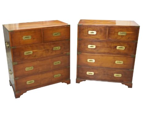 A stunning pair of 19th style yew wood campaign chests, mid 20th Century Each chest applied with brass embellishments, the up