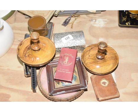 A group of collectible itemsTo include an olive wood travelling candlestick set, four harmonica's, a Religious framed icon, a