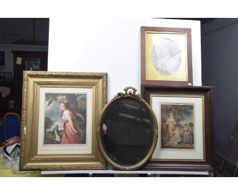 A group of paintingsTo include a portrait of a Victorian woman on silk together with a print of a classical lady and dog and 