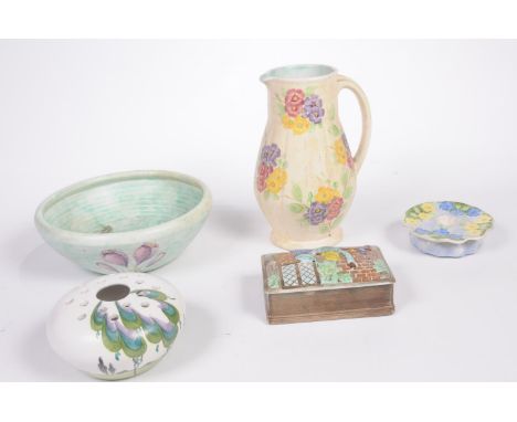 A collection of 1930s Radford ceramics To include a jug, flower pebble, lidded box, candleholder and bowl, all decorated with