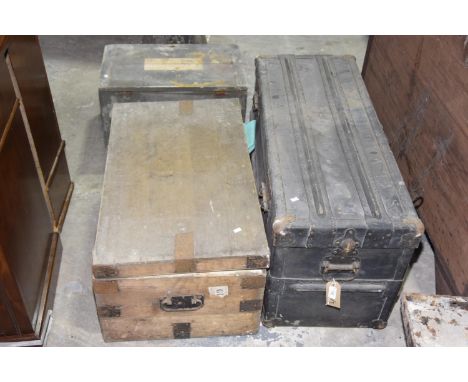 Three assorted vintage trunksTo include a pine example with iron swing handles, a second smaller painted pine example along w