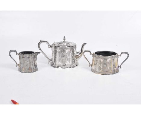 Silver plated bachelors three piece tea service, late 19th early 20th centuryComprising teapot, sucrier and milk jug. 