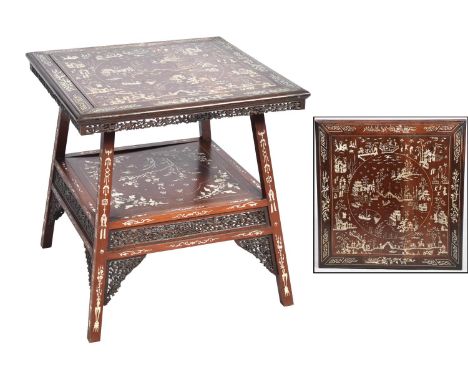 An impressive early 20th Century Chinese bone inlaid hardwood occasional table The square moulded top profusely inlaid with f