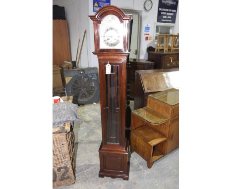 A reproduction Georgian style mahogany cased long case clock, 20th Century The arched hood above a 18cm silvered break arch d