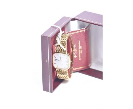 A gentlemans Rotary quartz wristwatch The white square dial with gilt batons, on a giltmetal chainwork strap, sold with box a