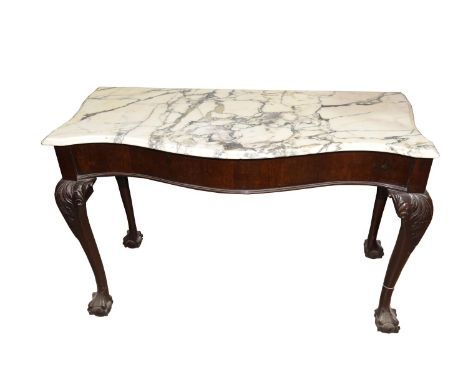 A 19th Century serpentine marble top console tableHaving a white variegated serpentine marble top above a plain frieze raised