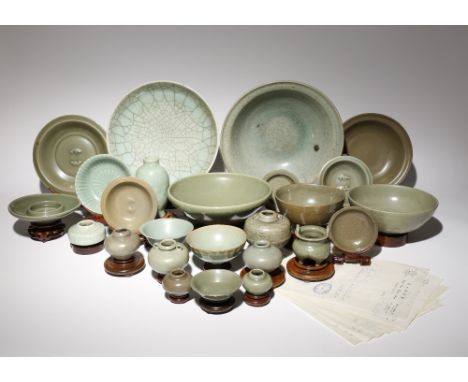 A COLLECTION OF CHINESE CELADON ITEMS MING DYNASTY AND LATER Comprising: seven small jars, an ovoid vase, a small tripod ince