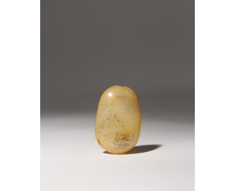 A CHINESE CELADON JADE PEBBLE SNUFF BOTTLE QING DYNASTY OR LATER Naturalistically formed, incised to one side with a fisherma