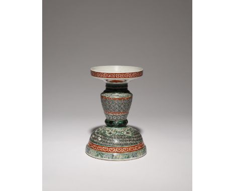 A CHINESE FAMILLE VERTE 'WUFU' ALTAR CANDLESTICK 19TH CENTURY Painted with diaper, key fret, ruyi-heads and prunus flowers re