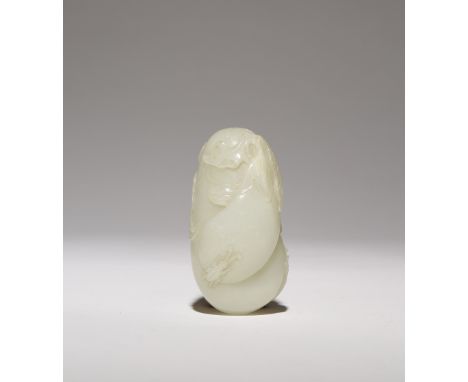 A CHINESE WHITE JADE 'AUBERGINE' SNUFF BOTTLE 18TH/19TH CENTURY Formed as two large aubergines issuing from branches, with le