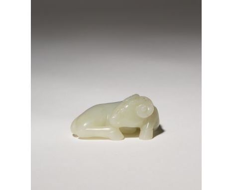 A CHINESE PALE CELADON JADE CARVING OF A RAM QING DYNASTY OR LATER The animal depicted reclining, with its head turned to the