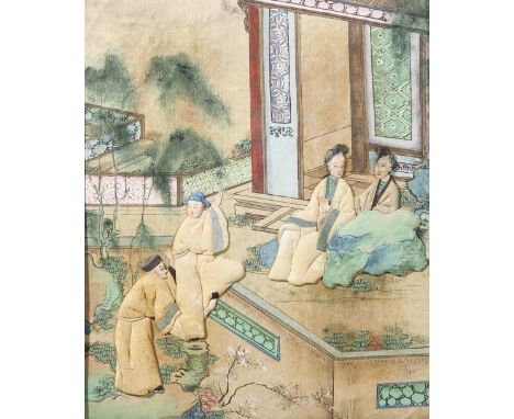 A PAIR OF CHINESE EXPORT COLLAGE PAINTINGS 1ST HALF 19TH CENTURY Each padded-silk panel decorated with figures by garden pavi